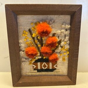 Vintage Crewel Embroidered 70's Rust and Brown Cattail Bouquet Framed Wall Art